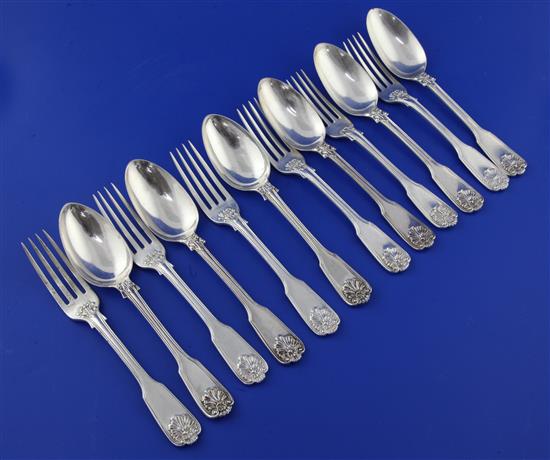 A matched set of six George IV silver double struck fiddle, thread and shell pattern dessert forks and six dessert spoons, 23 oz.
